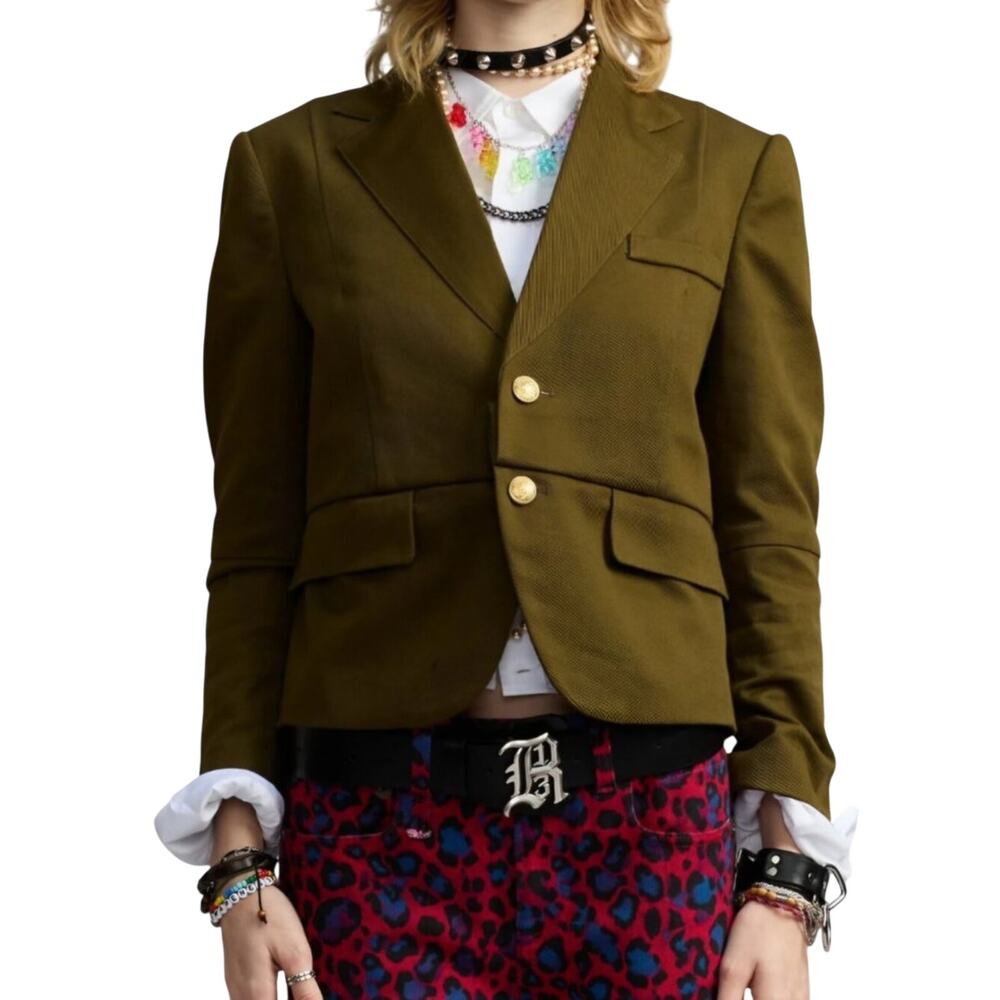 R13 NWT Olive Green Pleated Boyfriend Blazer Gold Crest Buttons Sold Out Online